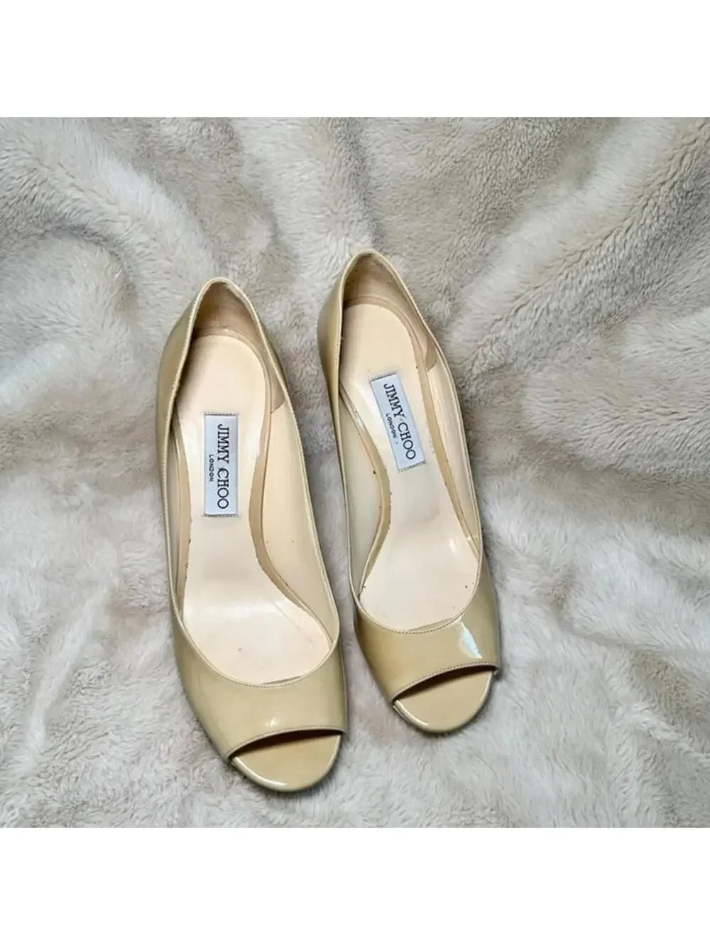 Jimmy Choo Luna 100 Peep Toe Patent Beige Pump Heel 40.5 Excellent
